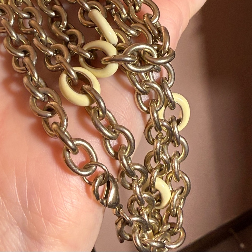 J. Crew Classic Art deco cream enamel mobwife oversized Long Gold Chain